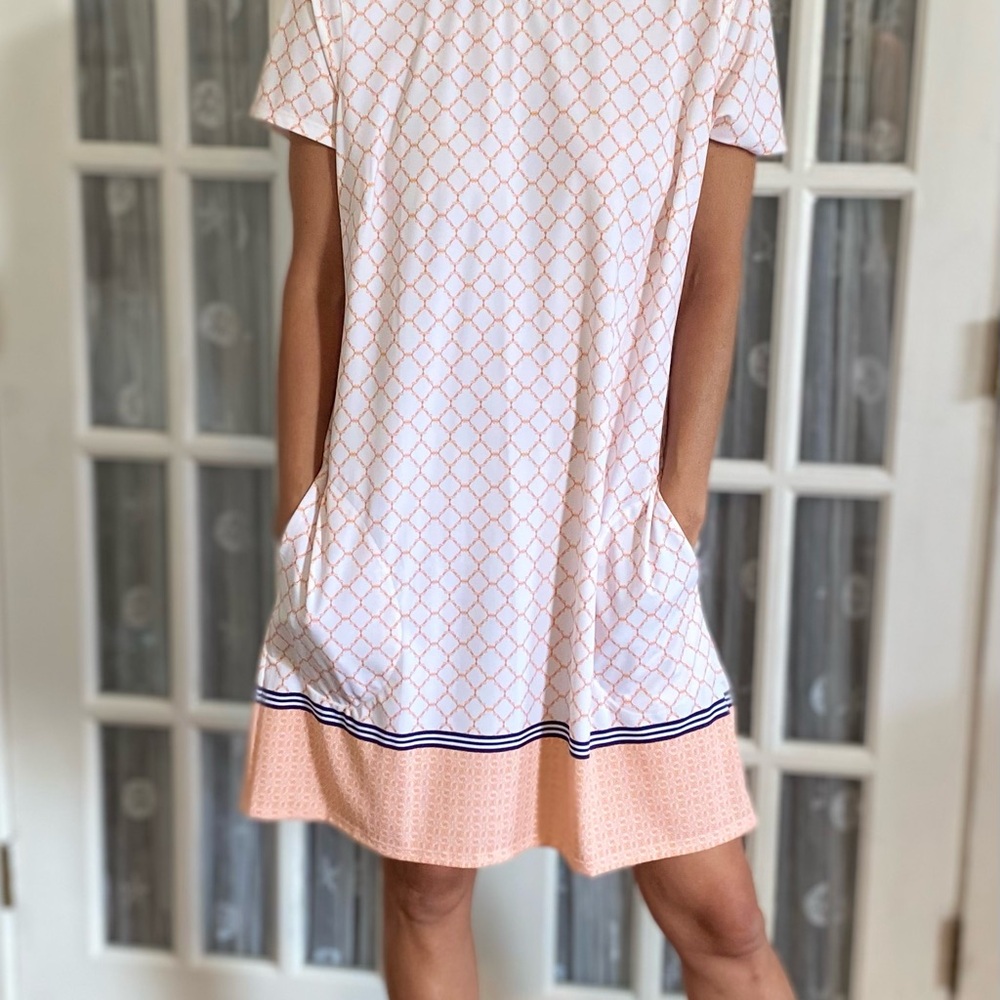 Cabana Life Chic Pink and White Geometric Dress pockets